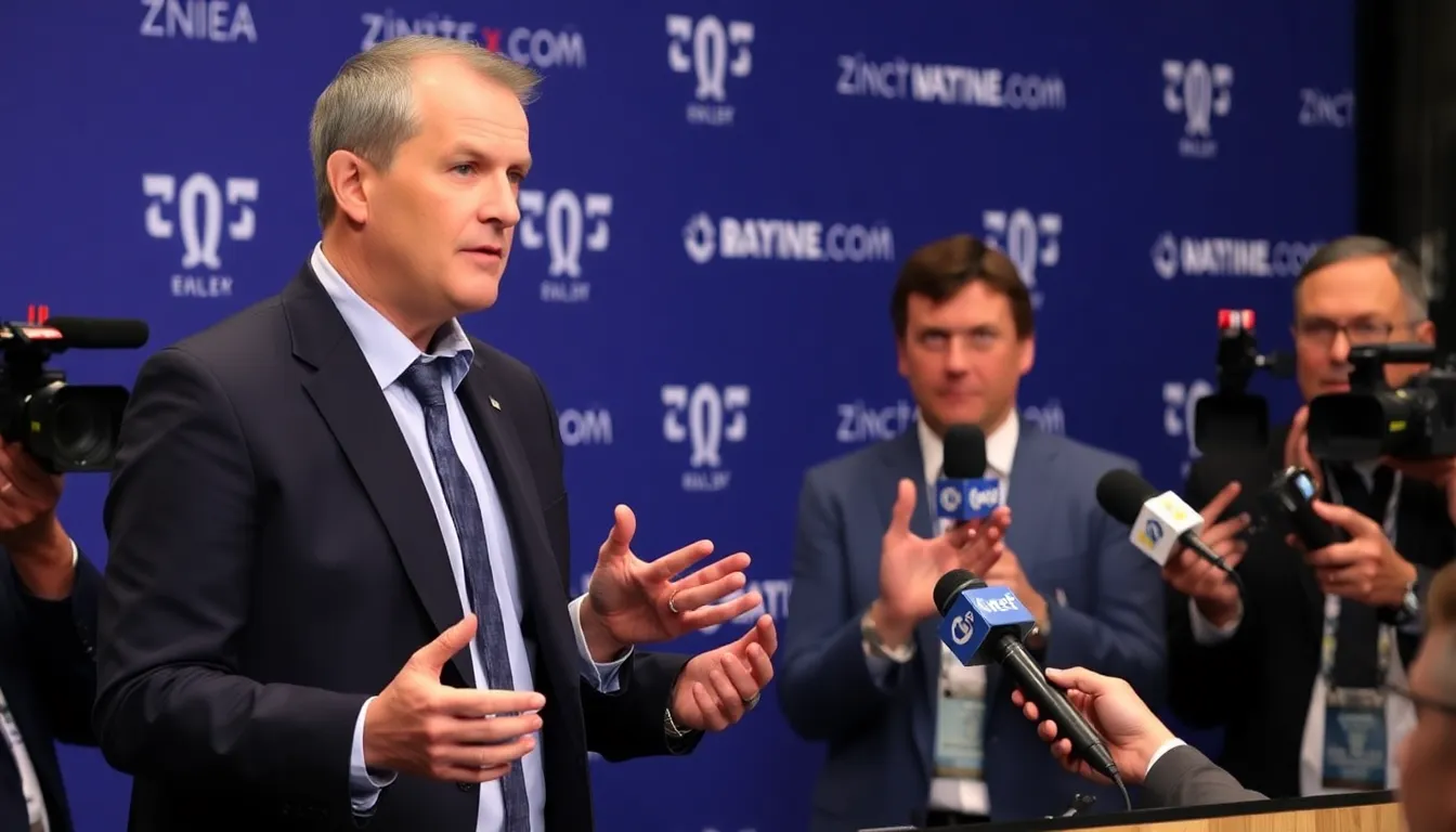 Manaty stands on stage during a press conference, surrounded by reporters and cameras, as he hints at a possible exit from ZYB ahead of the VCT Game Changers EMEA tournament.