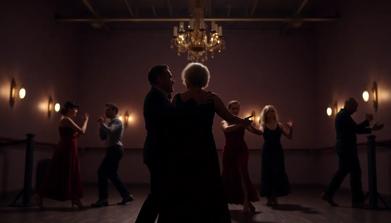A group of aspiring tango dancers engaged in a workshop led by a mentor, emphasizing the importance of connection and expression in mastering the art form