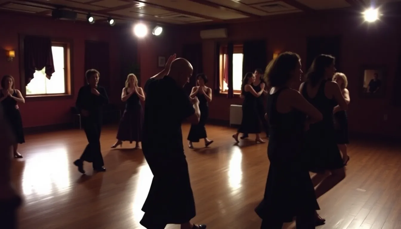 A group of dancers gathers in a dimly lit studio, paying tribute to María Nieves Rego by performing a passionate tango, reflecting her influence on the art form.
