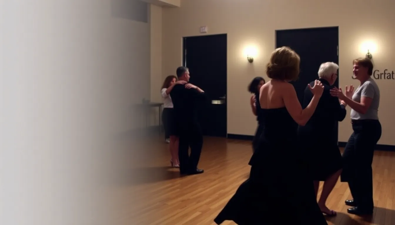 A memorial tribute in a dance studio, where dancers gather to honor María Nieves Rego's legacy, reflecting on her profound influence in the tango community