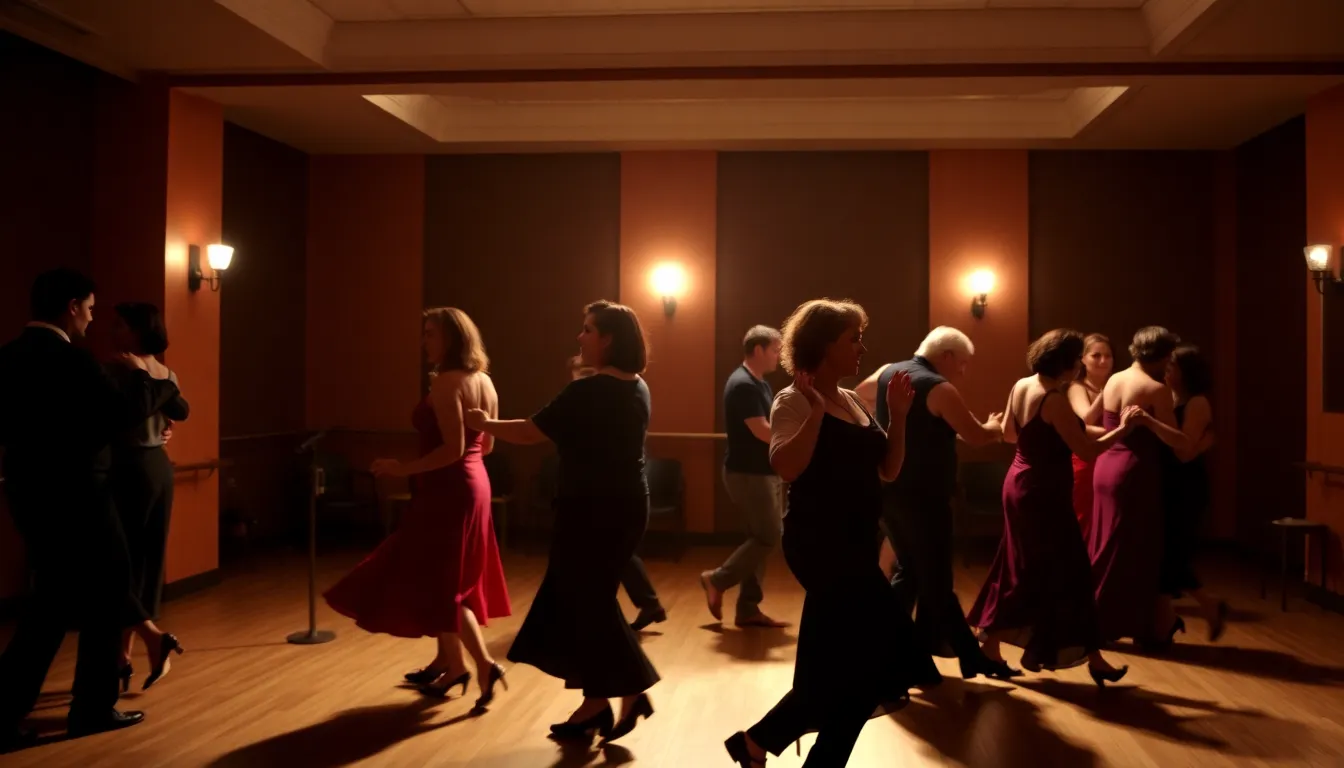 A bustling tango festival scene filled with dancers and musicians from around the world, celebrating the rich history and contemporary interpretations of this iconic Argentine dance