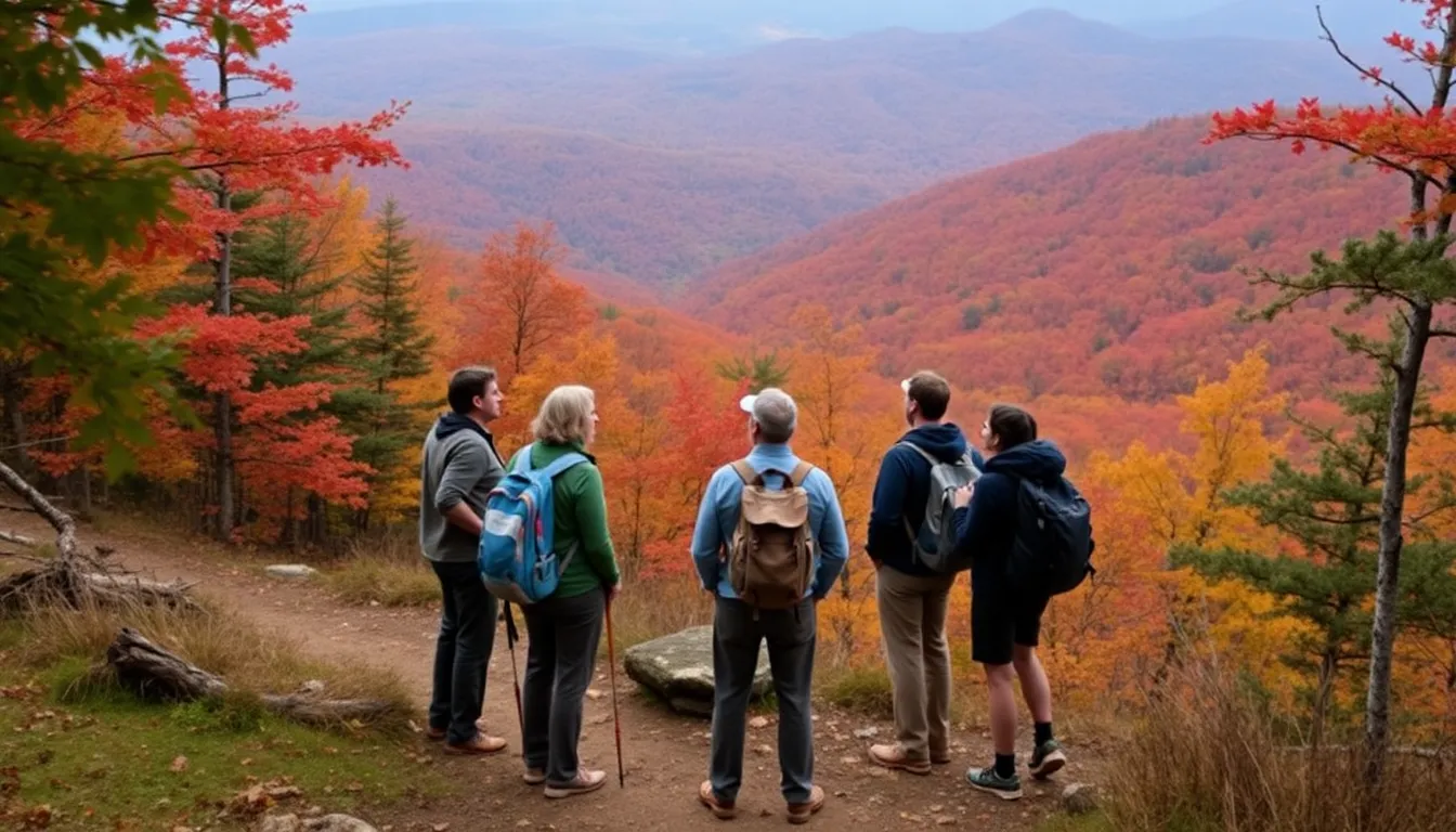 A group of hikers pauses on a scenic Appalachian trail, surrounded by vibrant autumn foliage, as they reflect on the recent news of composer Mark Smythe's tragic death.