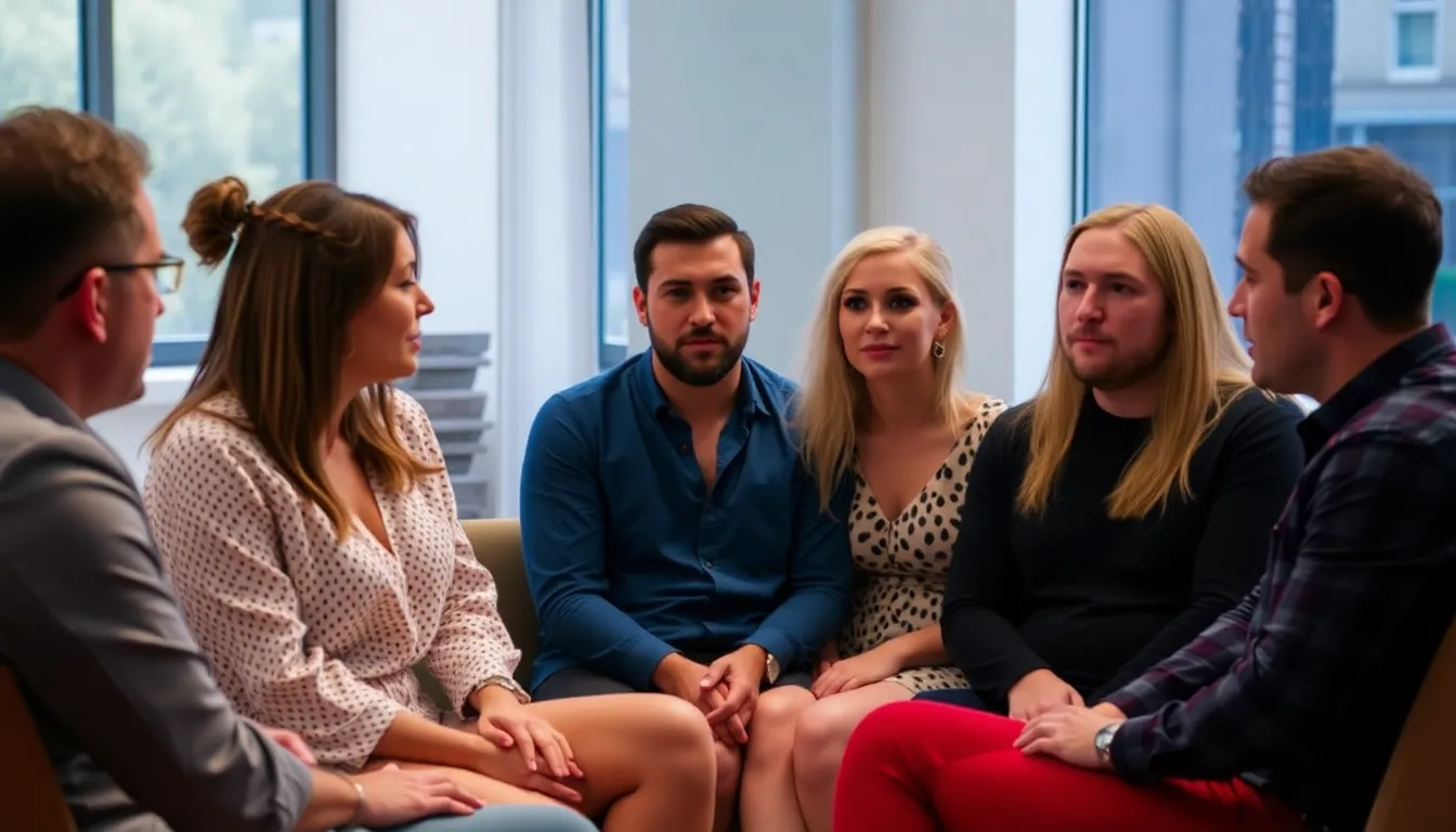 A group of anxious contestants from Married at First Sight UK sit together, discussing their experiences and concerns about the emotional challenges they face during the show.