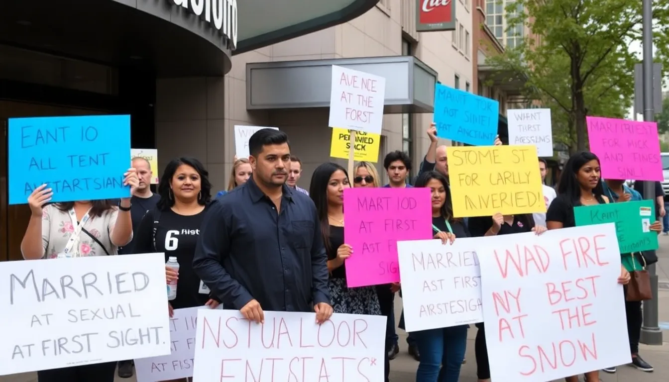A group of protesters gathers outside a television studio, holding signs demanding an investigation into the allegations of sexual assault on participants of the reality show Married at First Sight.