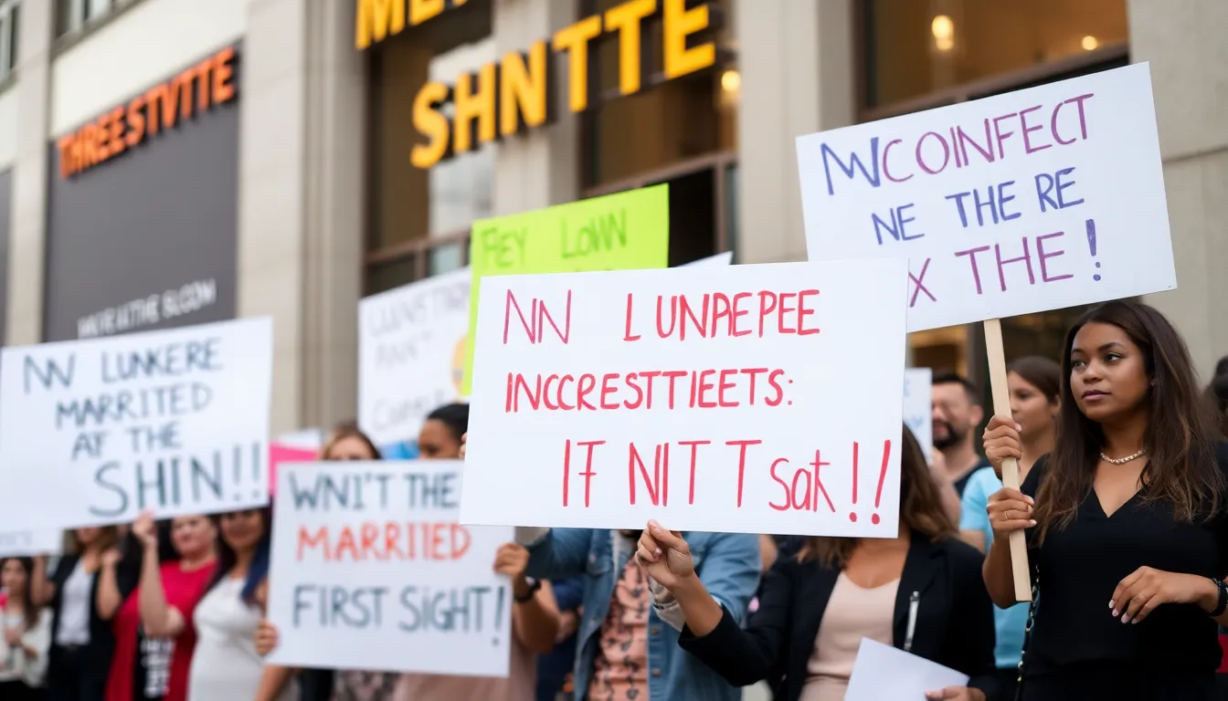 A group of advocates holding signs in support of reality show participants, emphasizing the need for reform and better protections against exploitation