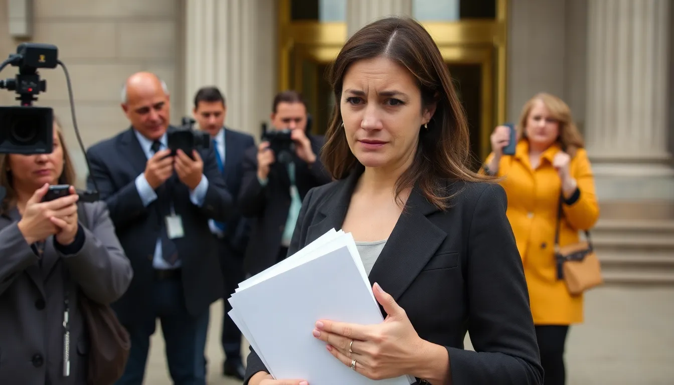 A woman stands outside a courthouse, visibly distressed, as she clutches a folder of documents while reporters gather around her, capturing the aftermath of her decision to assist law enforcement against her fiancé, a murder suspect.