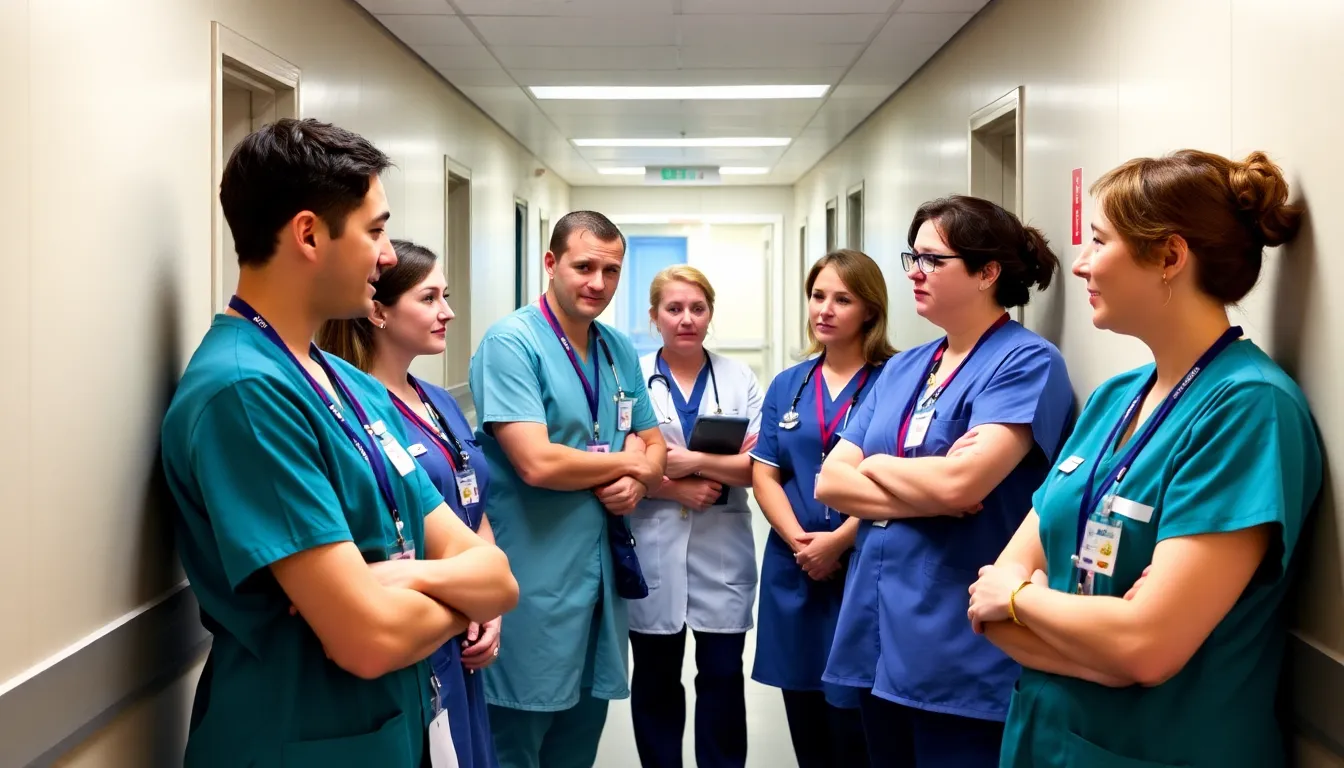 NHS staff members gather in a hospital corridor, discussing their concerns about patient safety and operational pressures as they prepare to call the helpline established under Martha's Rule.