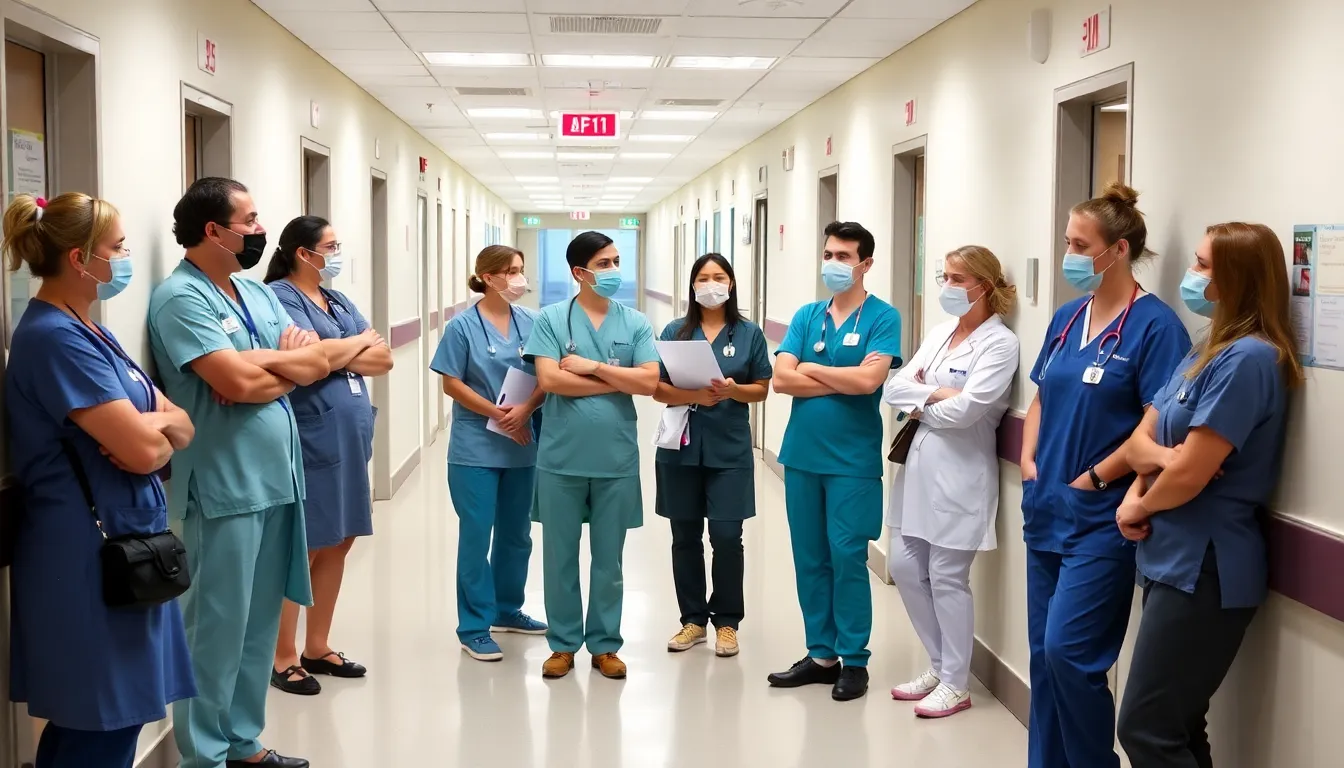 A busy hospital corridor filled with healthcare workers, illustrating the highpressure environment they navigate daily