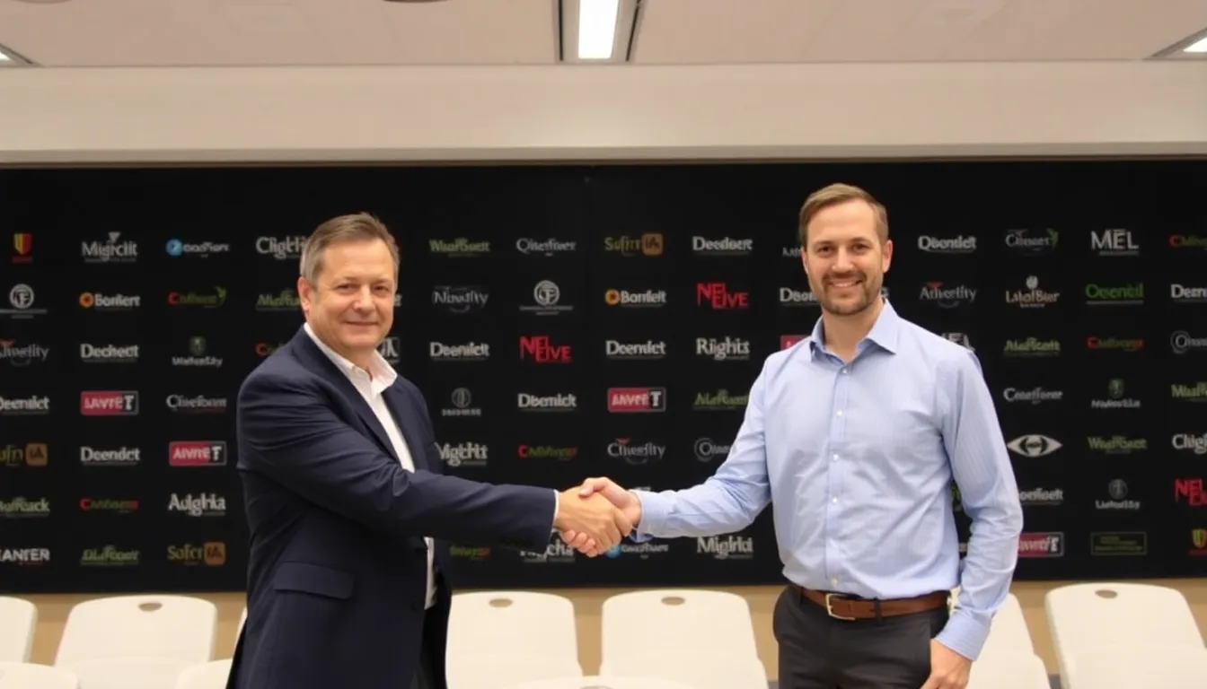 Martin Moszkowicz and Philipp Keel shake hands during the announcement of their collaboration to adapt literary works into films and television series.