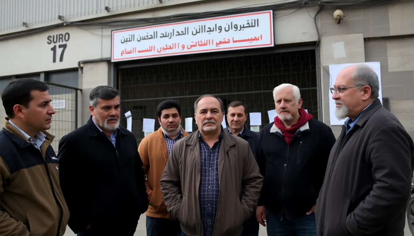 A group of labor union representatives meeting to discuss urgent actions to protect workers' rights in response to mass layoffs