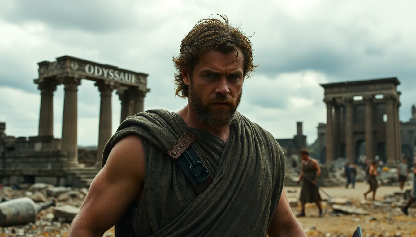 Matt Damon is seen in a dramatic scene from the new trailer for Christopher Nolan's The Odyssey, portraying Odysseus amidst intense action and striking visuals.
