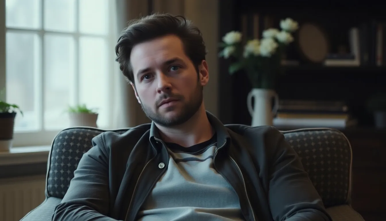 Matthew Rhys sits in a cozy interview setting, thoughtfully reflecting on his unfulfilled dream of joining the army, with a look of contemplation on his face.