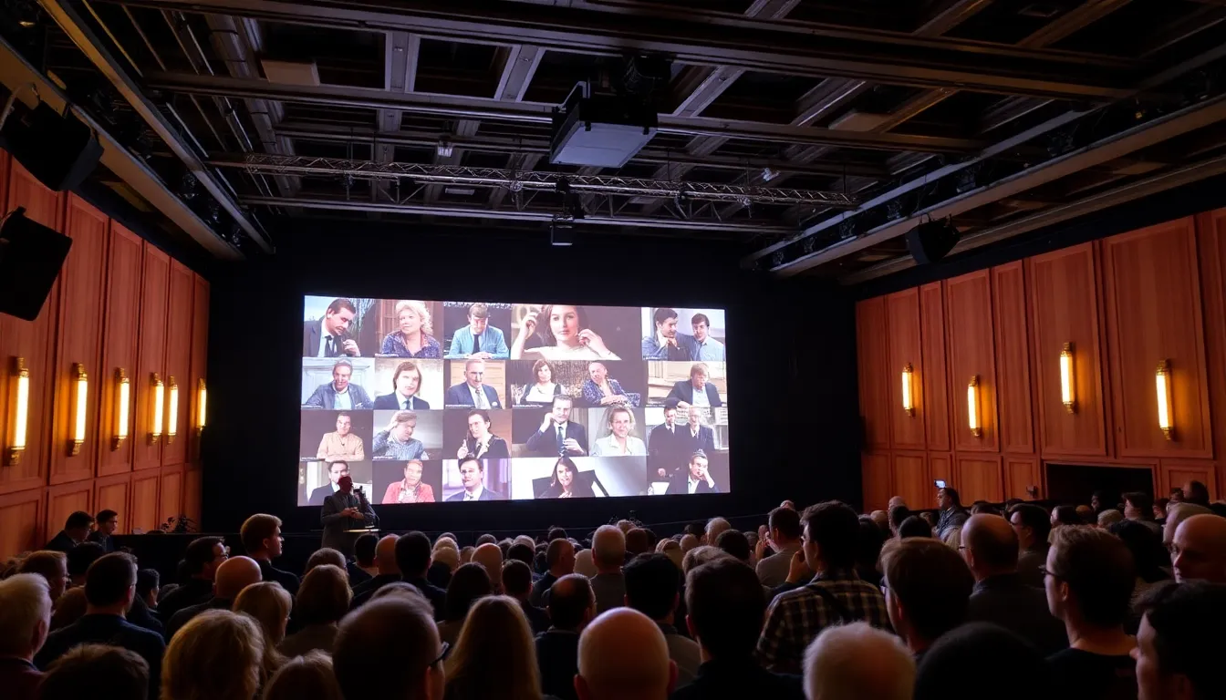 A crowded film festival venue buzzes with excitement as attendees gather to watch the premiere of the documentary on David Lean, showcasing a large screen displaying clips from his classic films.