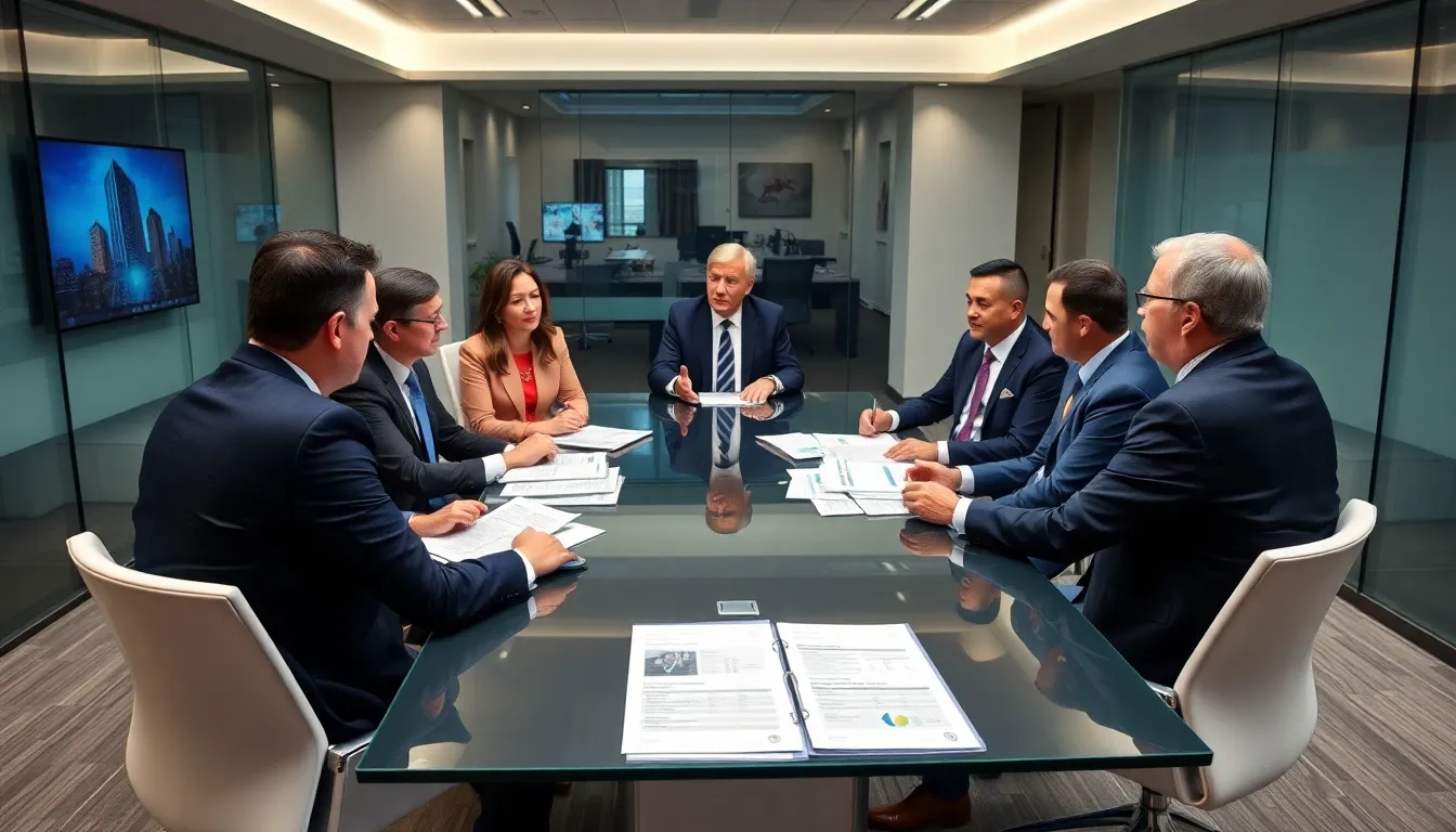 A group of media executives sits at a conference table, discussing strategies amid reports of rising CEO compensation and industry challenges.