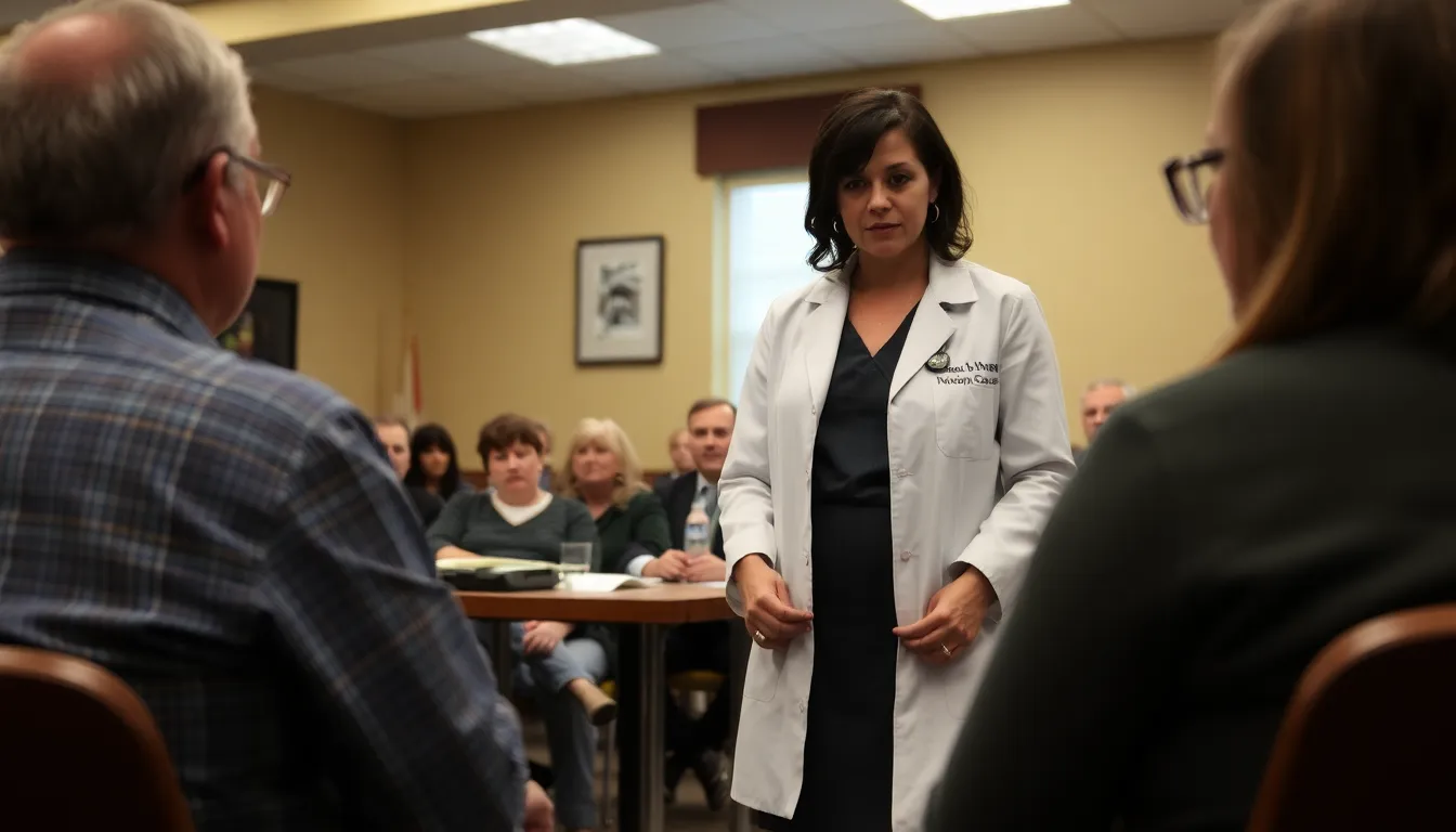 Dr. Emily Carter examines evidence at a community meeting in Maplewood, where residents express their concerns about a series of mysterious deaths.