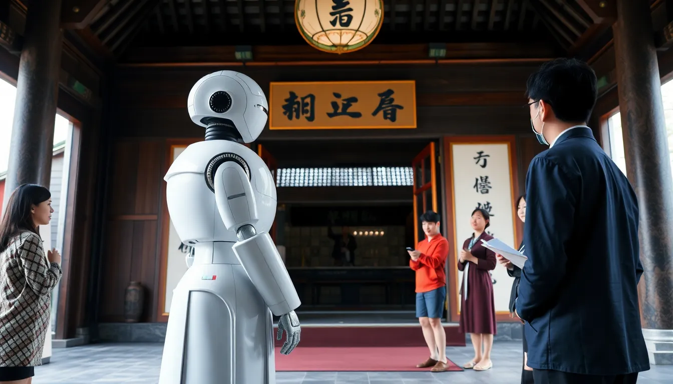 A robot monk stands in a temple in Seoul, engaging with visitors during its debut sermon while surrounded by attendees who are curious about its teachings.