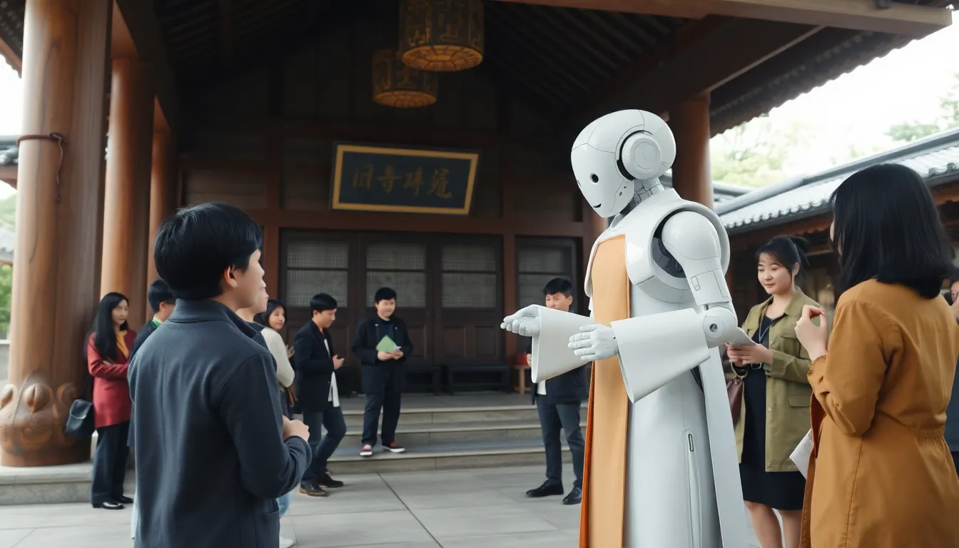 A diverse group of individuals discussing the implications of introducing a robot monk, highlighting varying perspectives on technology's role in spiritual practices