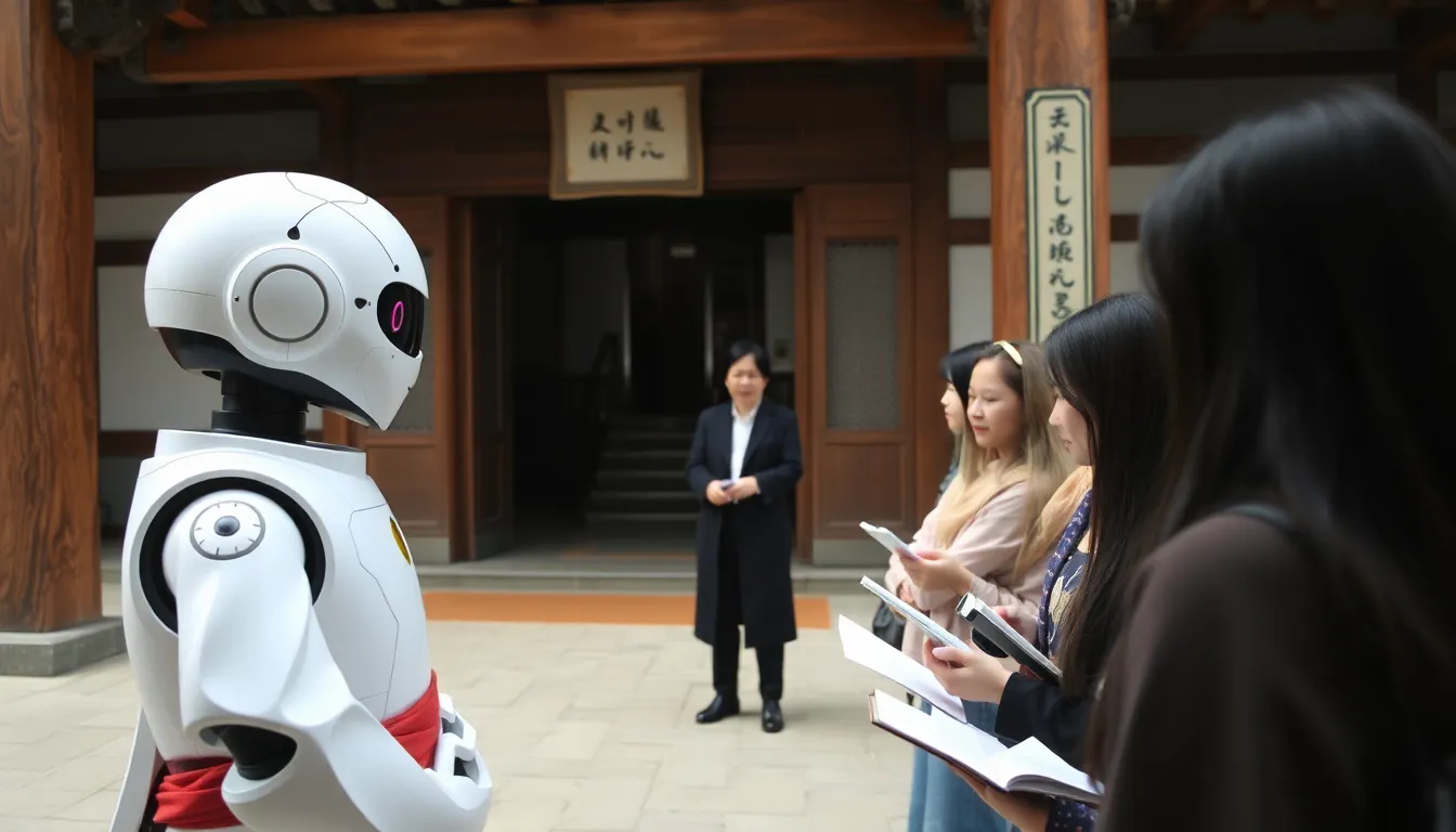 A closeup view of Xian'er, illustrating its design and features that blend traditional Buddhist aesthetics with modern robotics