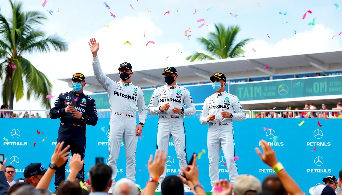 Mercedes drivers celebrate their victory on the podium after the Miami Grand Prix, surrounded by confetti and cheering fans.