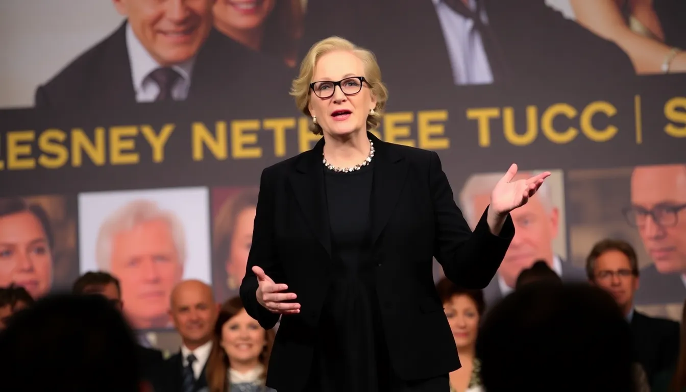 Meryl Streep speaks at a promotional event, expressing admiration for Stanley Tucci's unique approach to masculinity while engaging with an audience.