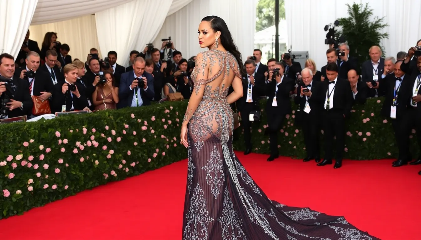 Rihanna captivates the crowd at the Met Gala with her stunning ensemble featuring a dramatic train and intricate embellishments, embodying the theme of "Sleeping Beauties Reawakening Fashion."