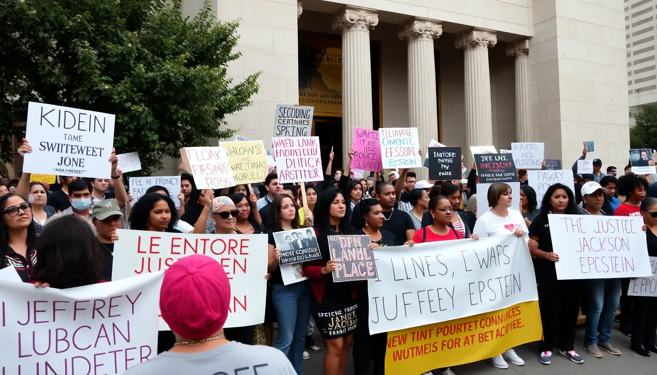 A crowd gathers outside a courthouse, holding signs and banners demanding justice as news breaks about the connections between Michael Jackson and Jeffrey Epstein.