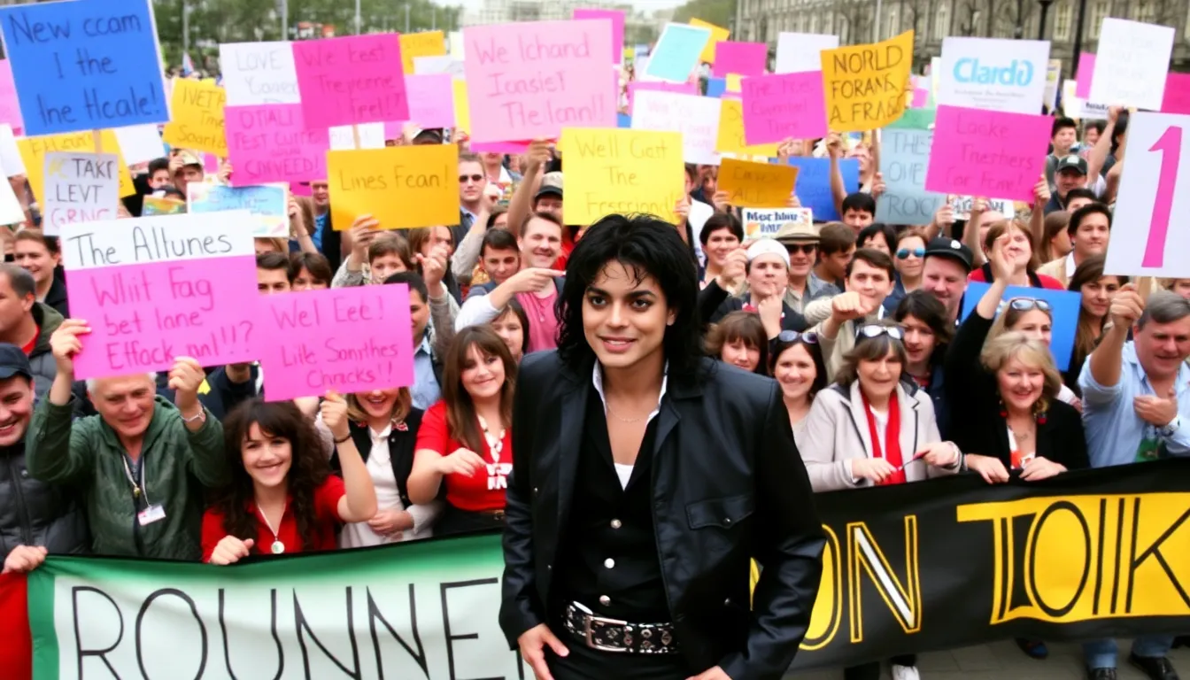 Michael Jackson celebrates his album reaching number one on the UK charts, surrounded by enthusiastic fans holding signs and banners in a lively atmosphere.