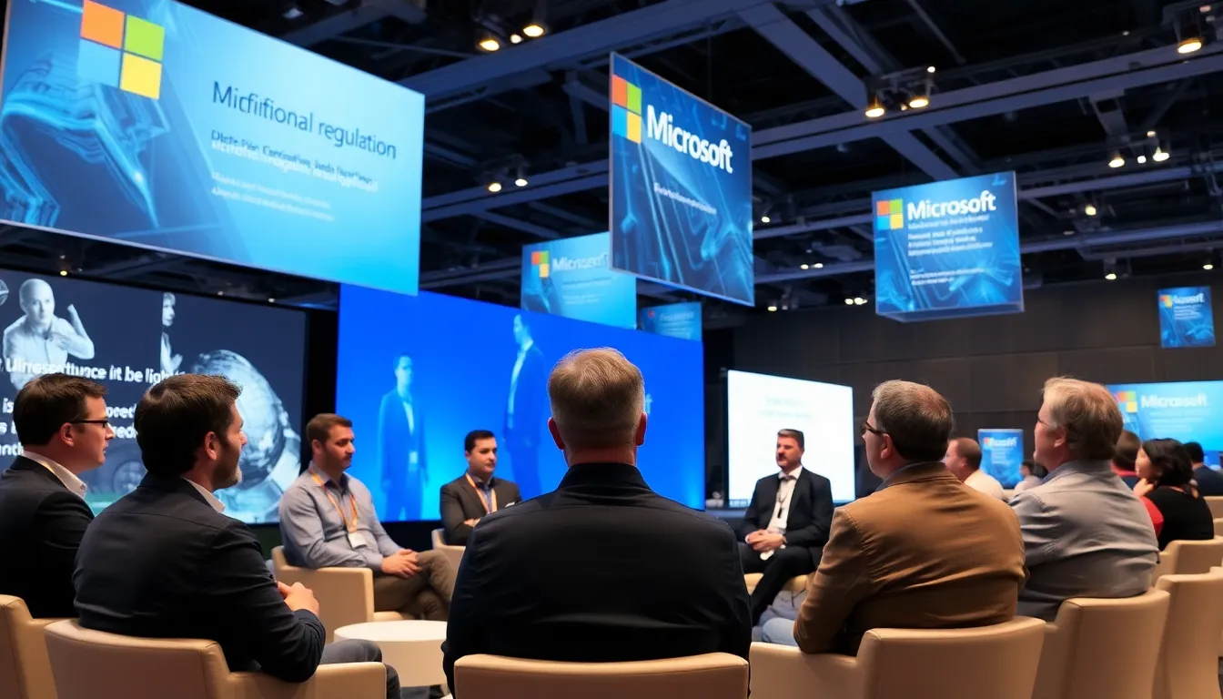 A group of tech executives discusses the implications of Microsoft's partnership with OpenAI during a conference on artificial intelligence regulation.