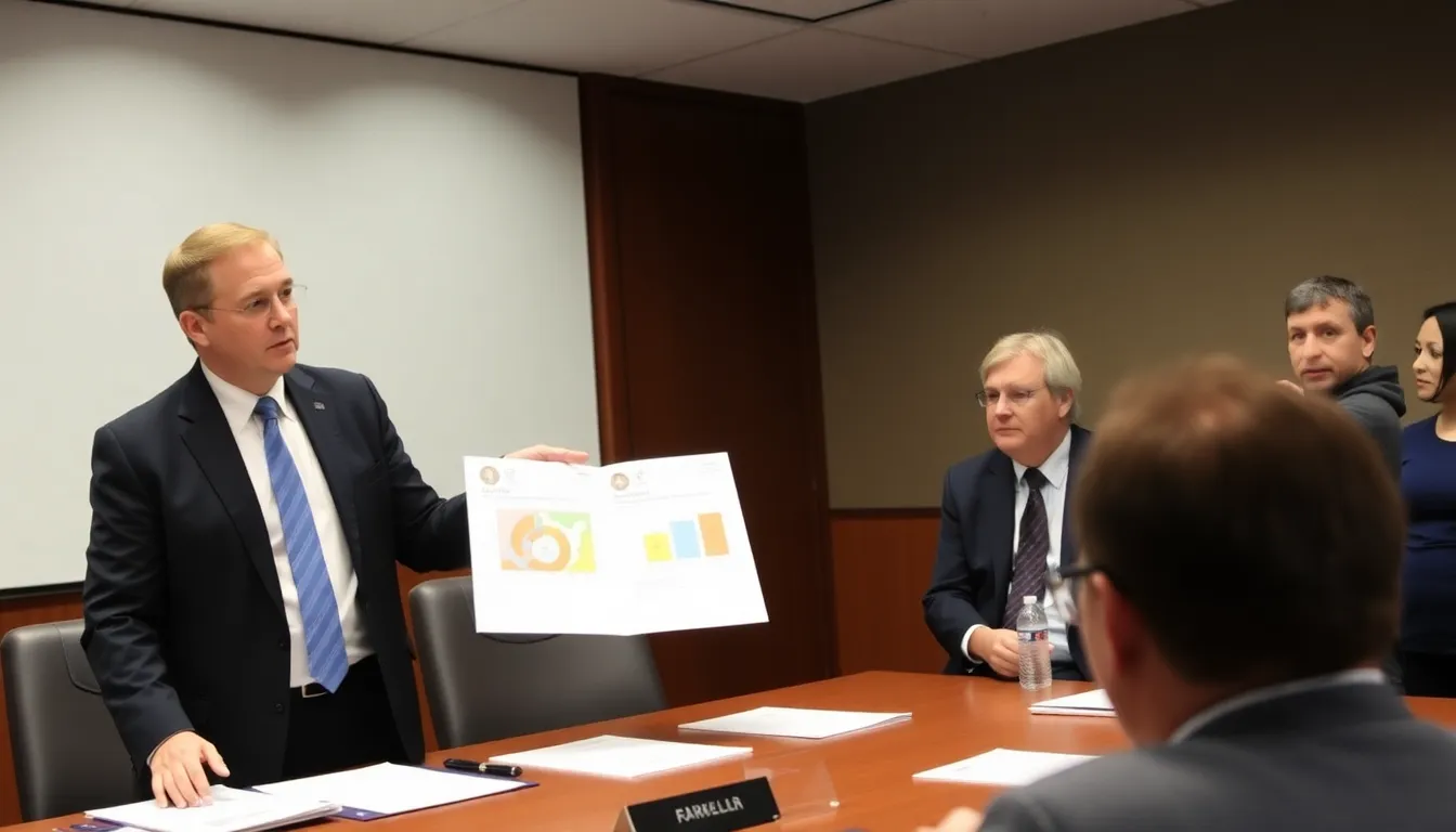 A government official discusses the transition away from Palantir technology in a meeting room filled with documents and charts outlining plans for a new refugee management system.