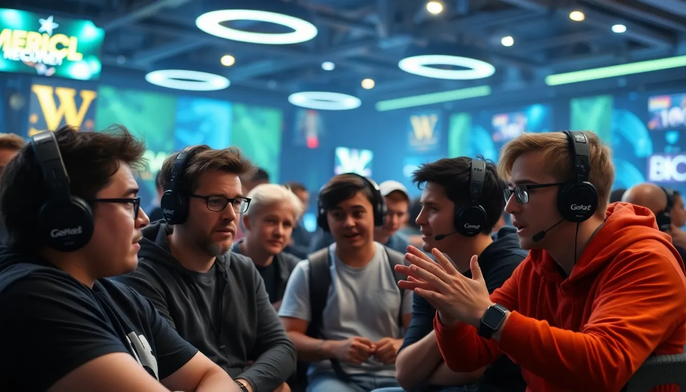 A group of League of Legends players passionately discusses the recent minion aggro changes during a competitive gaming event, with expressions of frustration and concern visible on their faces.