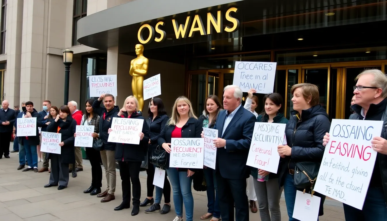 A group of people gathers outside the Academy Awards venue, discussing the recent news about missing Oscar trophies while holding signs calling for better security measures.