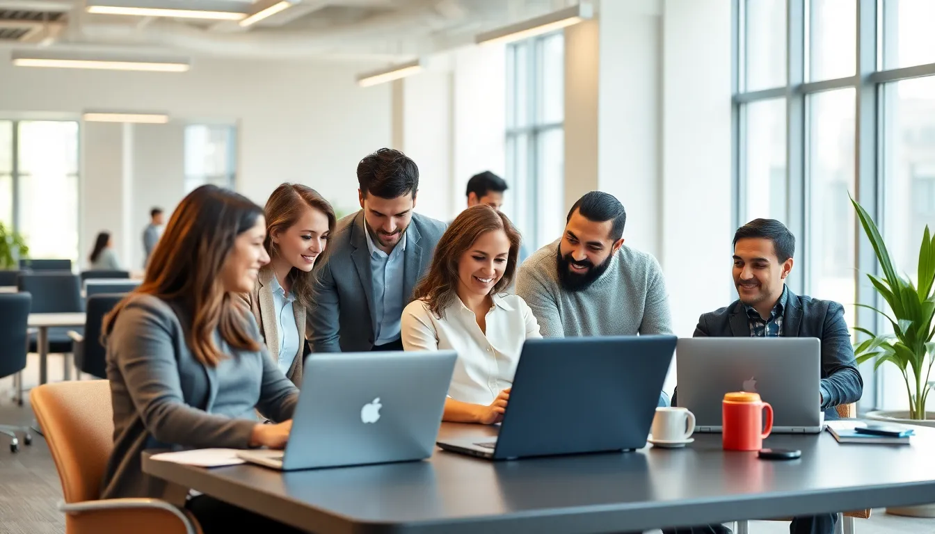 A group of professionals collaborates in a modern office space, utilizing laptops and digital tools to enhance their productivity in a hybrid work environment.