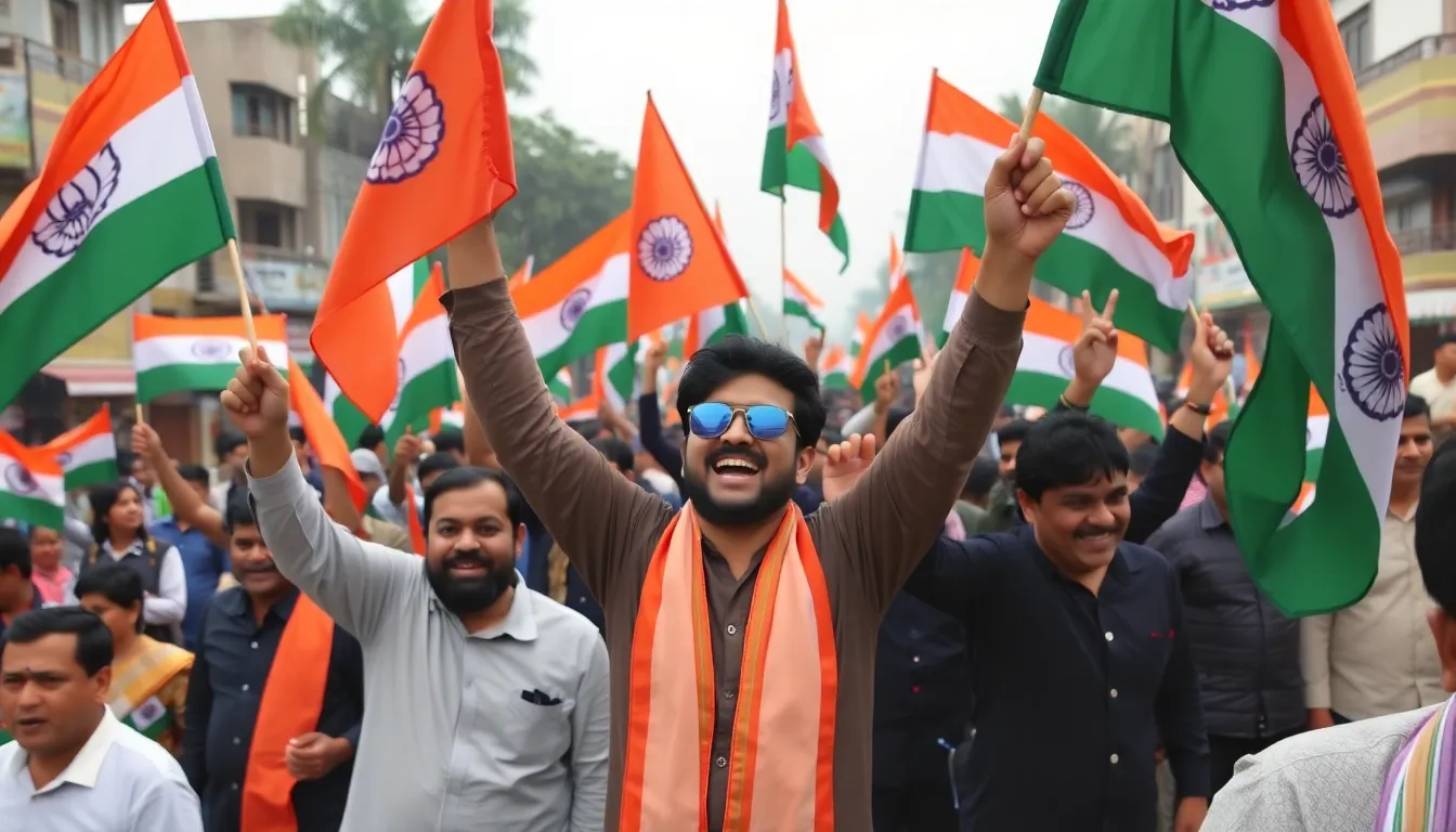 Supporters of the Bharatiya Janata Party celebrate in the streets of West Bengal following their historic victory in the 2021 Legislative Assembly elections.