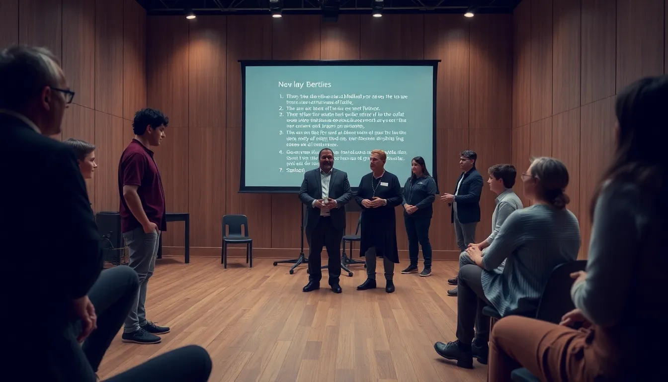 A group of actors rehearses a scene from a new play inspired by Molière, with a digital screen displaying AIgenerated script notes in the background.