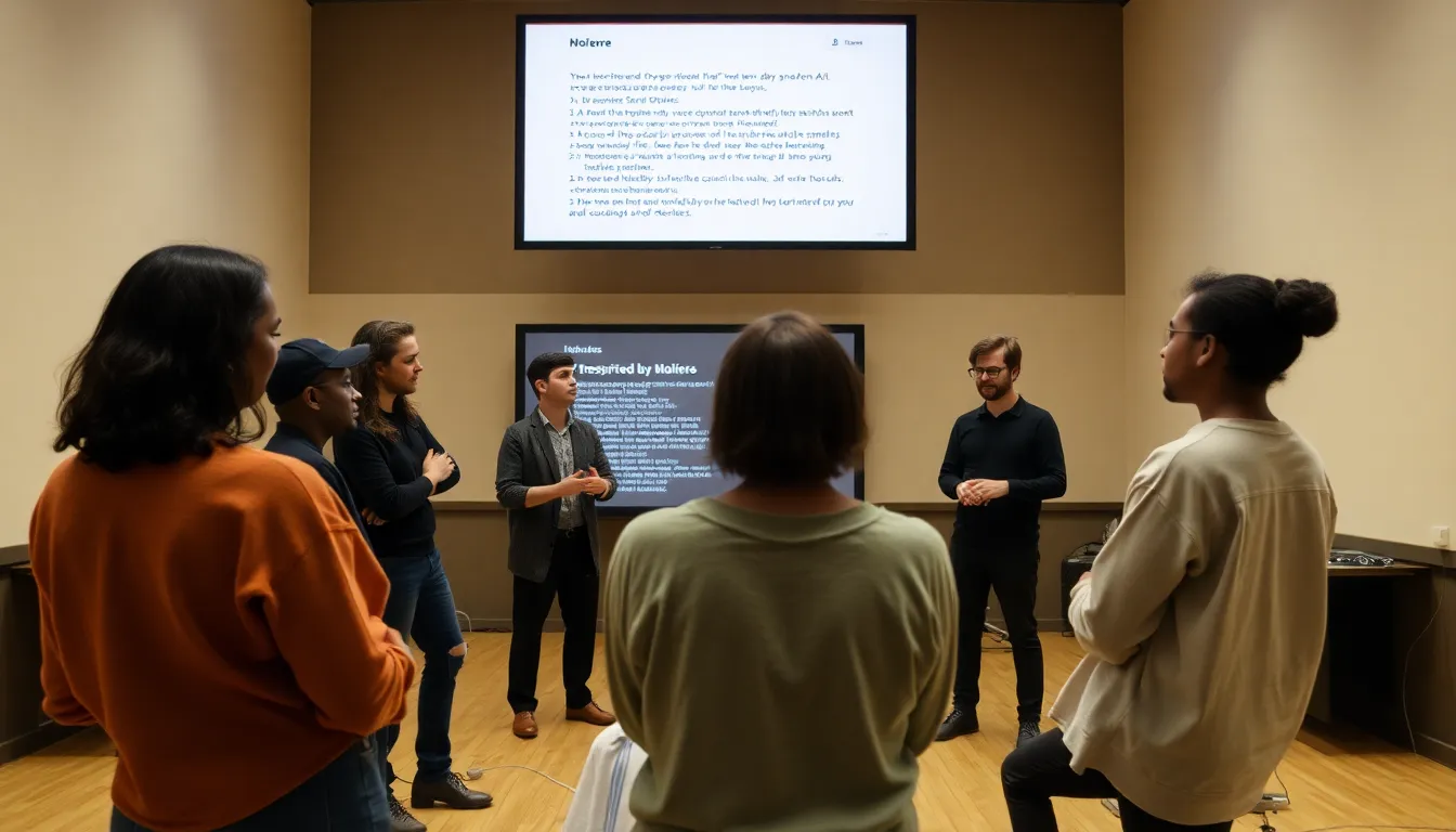 A vibrant rehearsal scene showcasing actors preparing for the debut performances of AIgenerated plays inspired by Molière's style