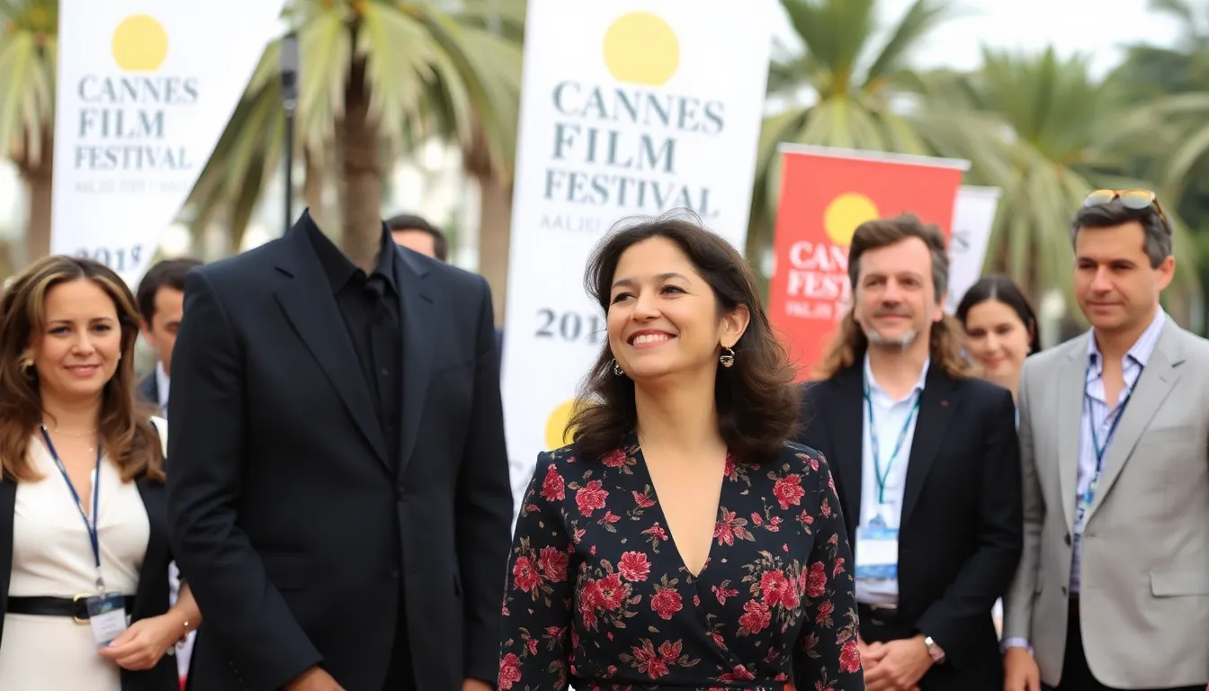 Monia Chokri smiles as she is announced as the jury president for the Caméra d'Or award at the Cannes Film Festival, surrounded by fellow jurors and festival banners.