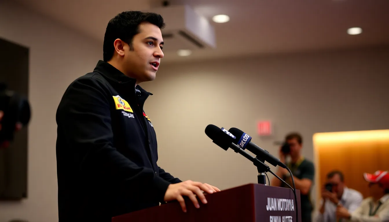 Juan Pablo Montoya speaks passionately at a press conference, addressing the need for stricter penalties against disrespectful behavior among Formula 1 drivers.