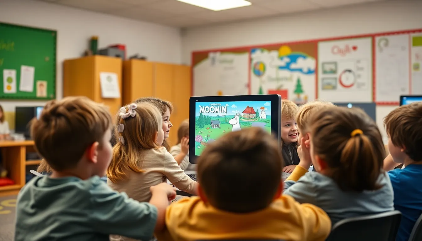 A dynamic gaming interface featuring Moomin characters embarking on an adventure, illustrating the interactive elements that engage players in the beloved Moomin universe