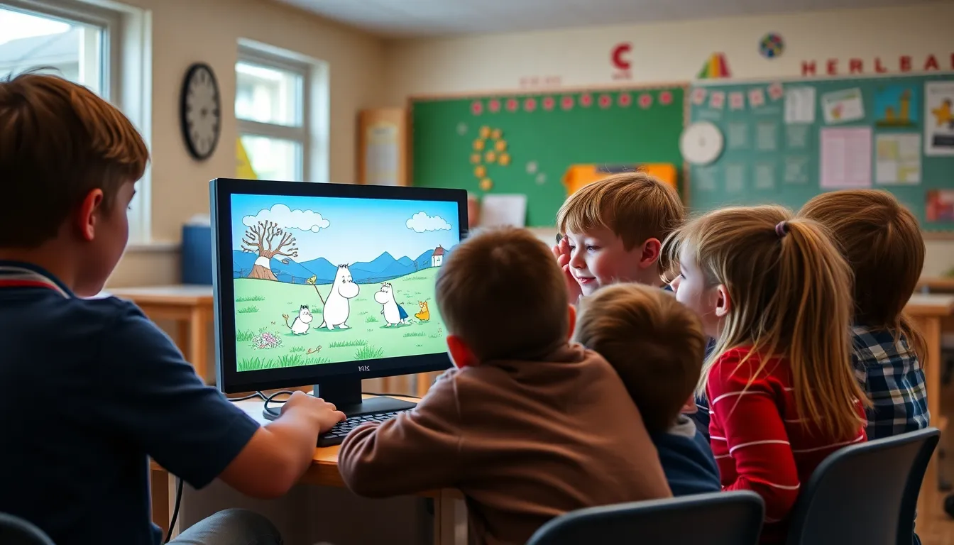 A group of children excitedly gathers around a computer screen, immersed in a colorful video game inspired by Tove Jansson's Moomins, showcasing vibrant characters and whimsical landscapes.