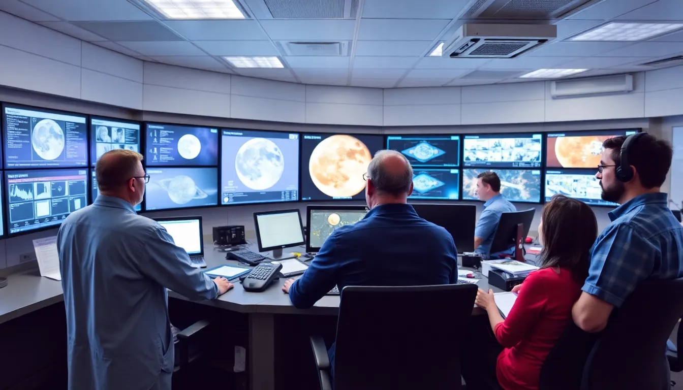 Scientists and engineers work together in a hightech control room, monitoring data and discussing strategies for upcoming lunar and Martian exploration missions.