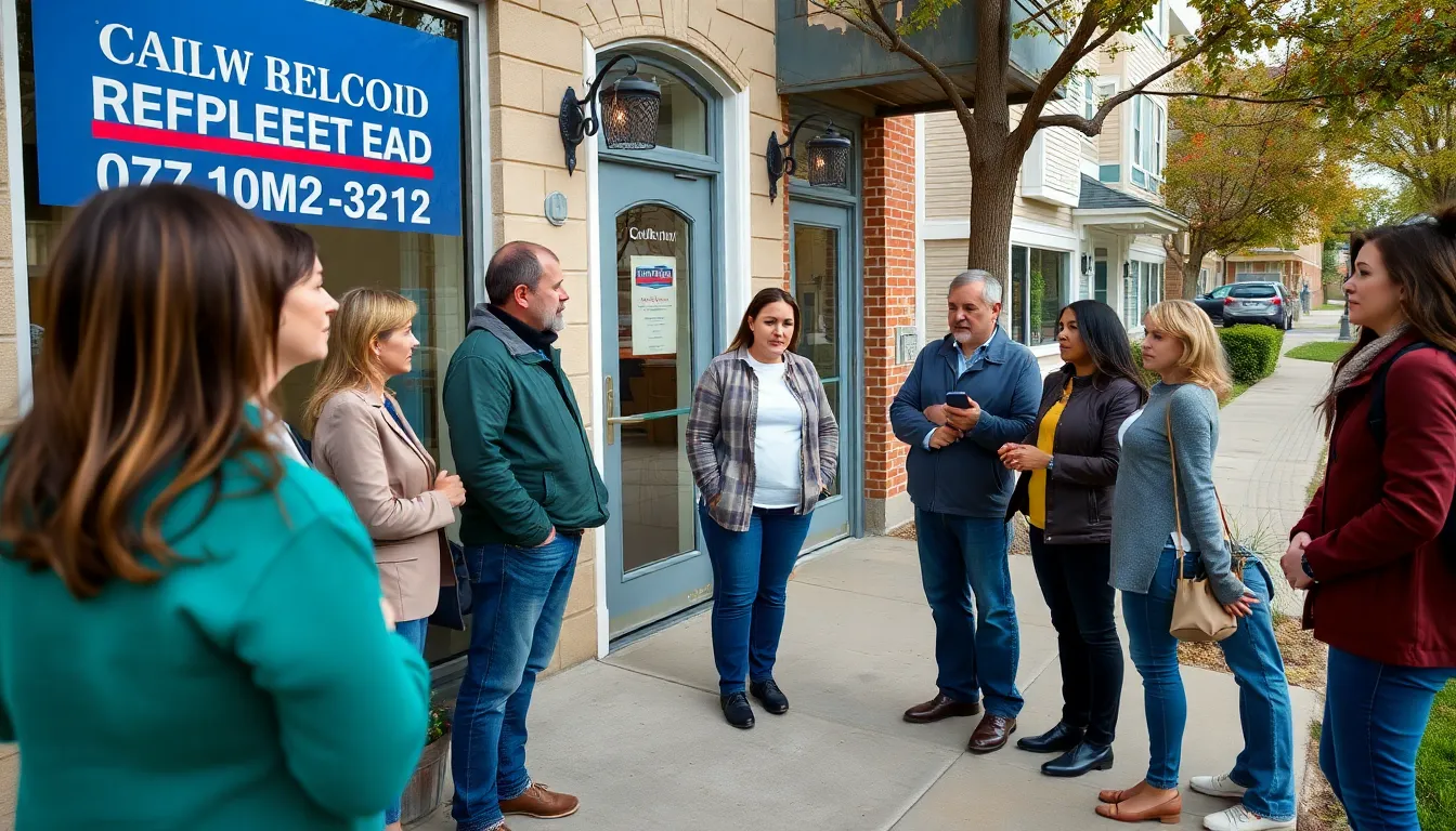 A group of concerned homebuyers stands outside a real estate office, discussing the impact of rising mortgage rates on their purchasing decisions.
