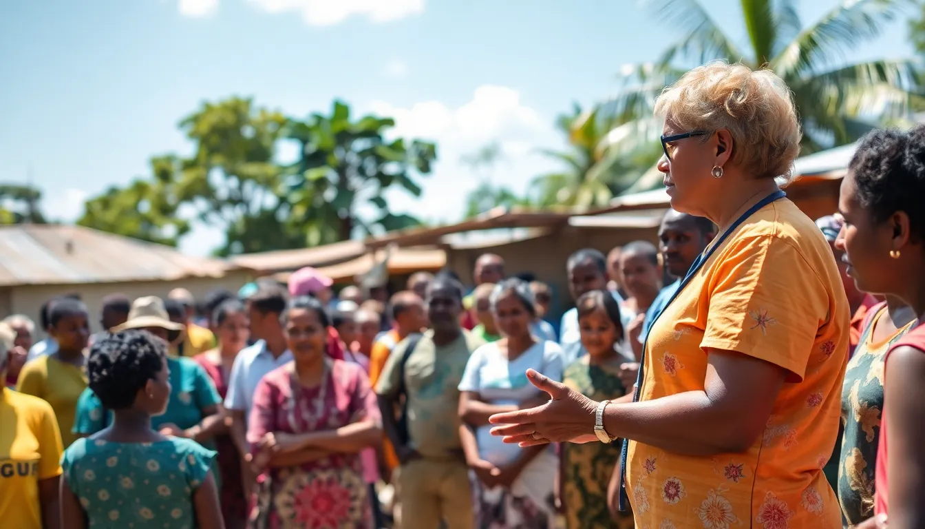 A health worker educates a community about the dangers of mosquitoborne diseases during a public awareness event in a hot, humid environment.