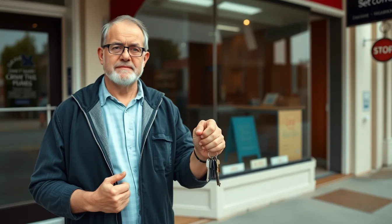 A local shop owner stands outside their empty storefront, preparing to hand over the keys as they embark on a new venture with comedian Johnny Vegas.