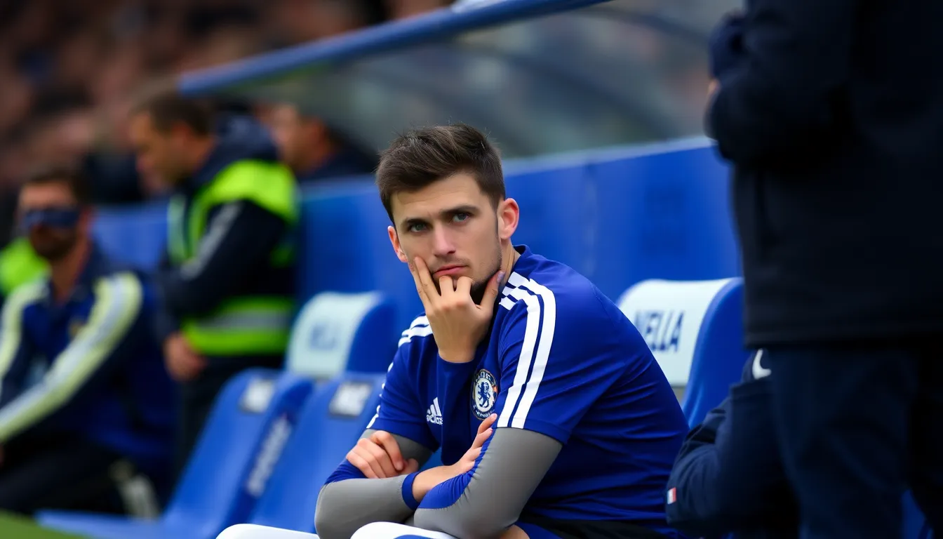 Mykhailo Mudryk sits on the bench with a concerned expression during a Chelsea match against Manchester United, highlighting his recent suspension and its impact on the team's dynamics.