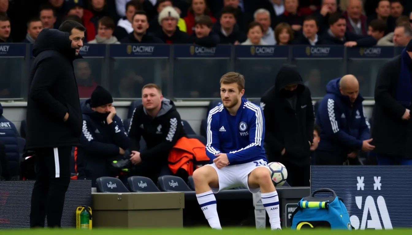 Chelsea's coaching staff discussing strategies in the locker room, contemplating adjustments in response to Mudryk's absence from the upcoming matches
