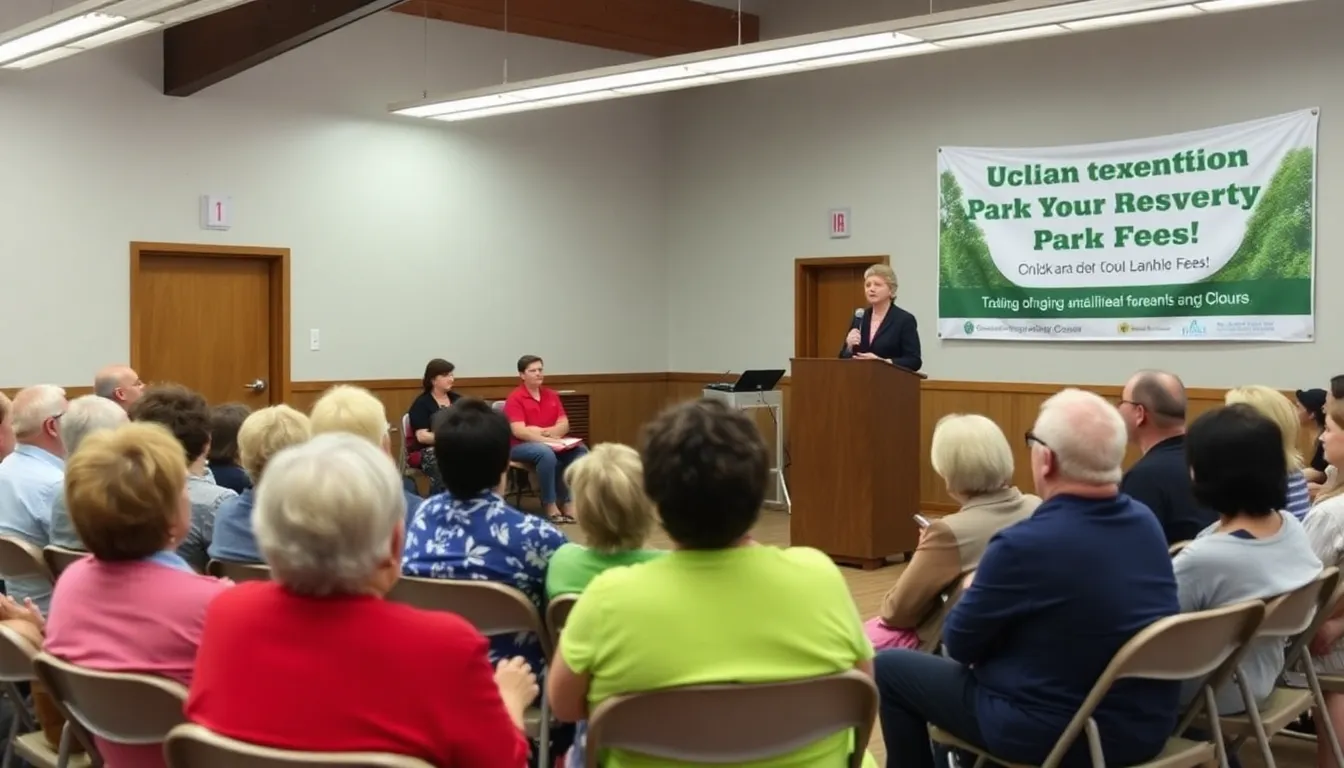 A local choir leader speaks passionately at a community meeting, addressing concerns about the recent increase in park fees that could impact public access for events.