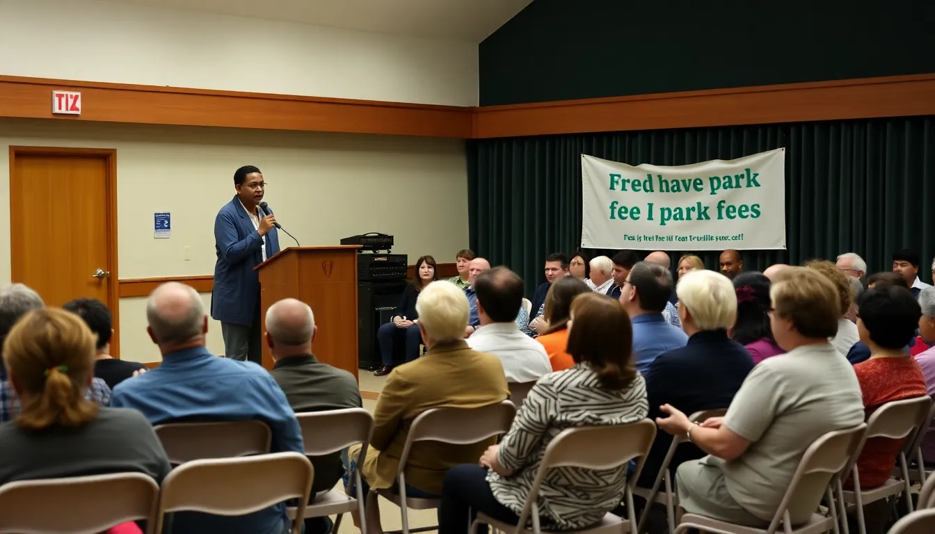Local community members gather at a public forum to discuss the implications of the new park fee structure on social activities