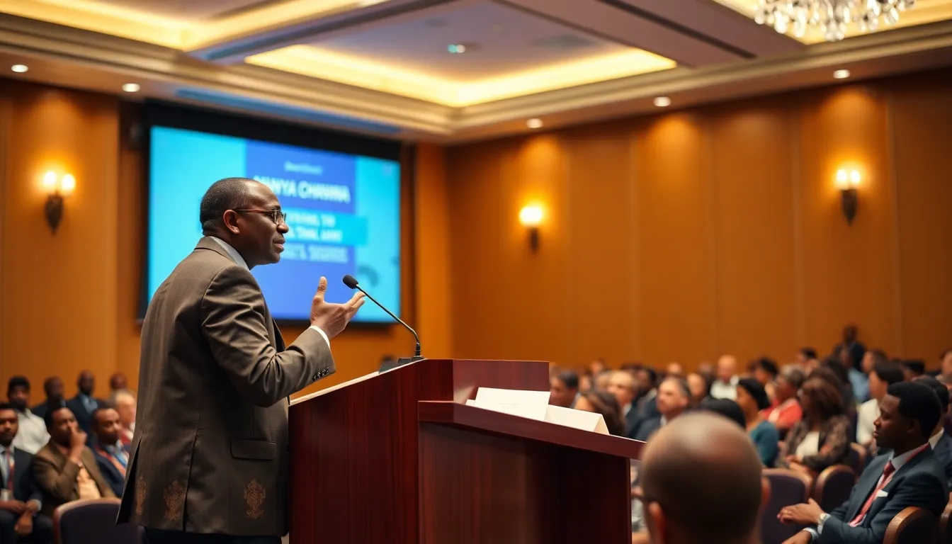 Munya Chawawa speaks to an audience about the role of humor in navigating challenging global events, emphasizing the importance of satire in addressing serious issues.