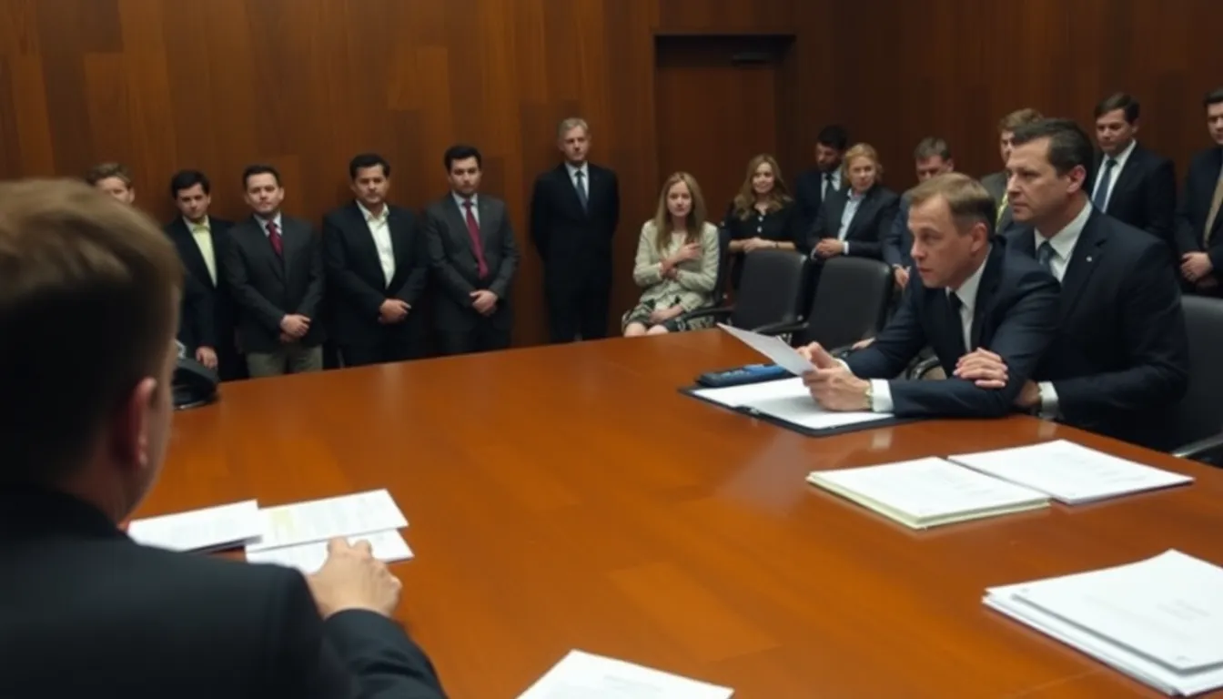 Elon Musk's lawyer interrogates Sam Altman in a tense courtroom setting, highlighting the legal battle over trustworthiness and ethical concerns in the AI industry.