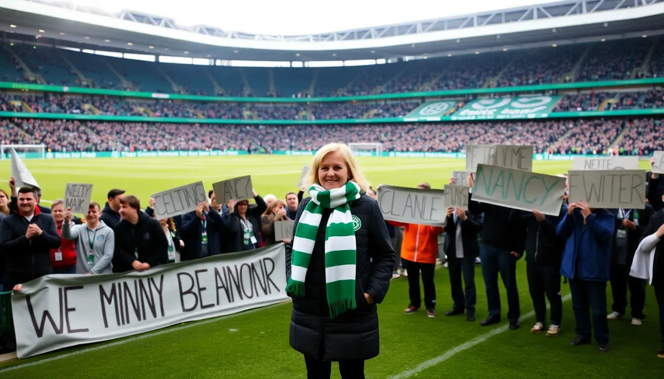 Nancy stands on the pitch at Celtic Park, visibly emotional as she reflects on her short but meaningful time with the team, surrounded by supportive fans holding banners in her honor.
